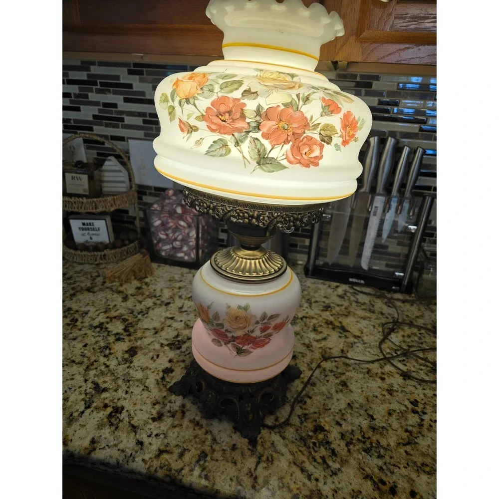 Vintage Hurricane Lamp Floral Milk Glass Gone With The Wind Style 3-Way Light